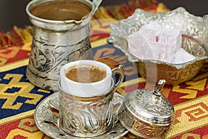 Turkish coffee with coffee pot and turkish delights