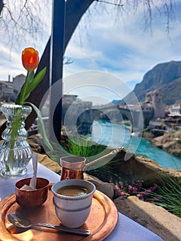 Turkish coffee. Old brigde Mostar