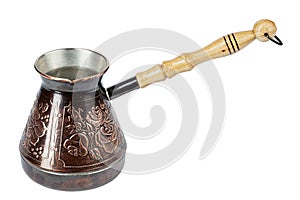 Turkish coffee pot. Ibrik - small copper coffee pot isolated on white background