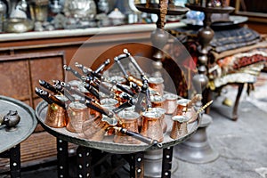 Turkish coffee pots, also know as ibrik, cezve, and briki in a street maket