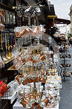 Turkish coffee pots, also know as ibrik, cezve, and briki in a street maket photo