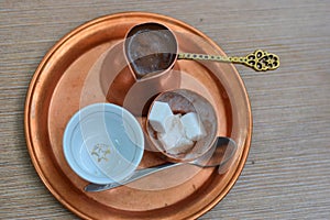 Turkish coffee, served in a copper set