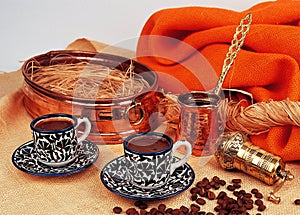 Turkish coffee set of 2 ceramig mugs with copper bowl , cooking pot and copper grinder.