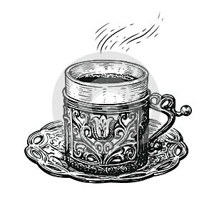 Turkish coffee sketch. Hand drawn cup on a platter. Vintage vector illustration