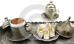 Turkish coffee and turkish delight with traditional cup and tray