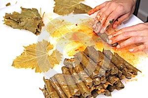 Turkish cuisine. Homemade Sarma - Rice wrapped in grape leaves