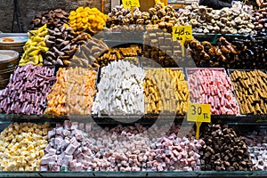 Turkish delight, also known as lokum, sold in the famous Spice Bazaar in Istanbul.