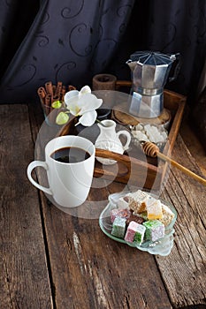 Turkish Delight - a gelatinous sweet confection traditionally made of syrup and cornflour, dusted with icing sugar. Still life