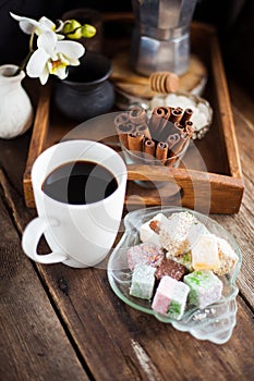 Turkish Delight - a gelatinous sweet confection traditionally made of syrup and cornflour, dusted with icing sugar. Still life