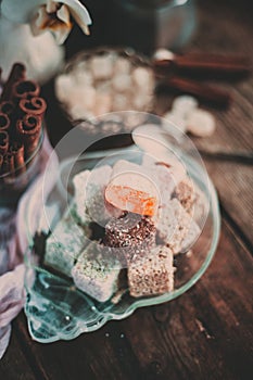 Turkish Delight - a gelatinous sweet confection traditionally made of syrup and cornflour, dusted with icing sugar. Still life