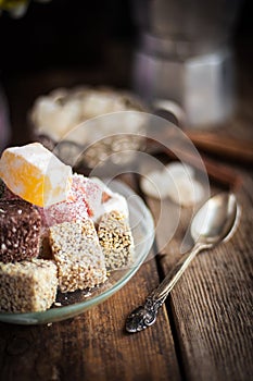 Turkish Delight - a gelatinous sweet confection traditionally made of syrup and cornflour, dusted with icing sugar. Still life