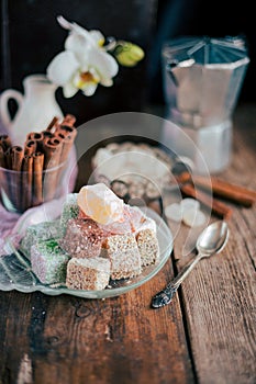 Turkish Delight - a gelatinous sweet confection traditionally made of syrup and cornflour, dusted with icing sugar. Still life