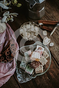 Turkish Delight - a gelatinous sweet confection traditionally made of syrup and cornflour, dusted with icing sugar. Still life