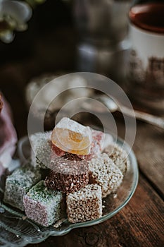 Turkish Delight - a gelatinous sweet confection traditionally made of syrup and cornflour, dusted with icing sugar. Still life