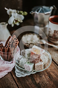 Turkish Delight - a gelatinous sweet confection traditionally made of syrup and cornflour, dusted with icing sugar. Still life