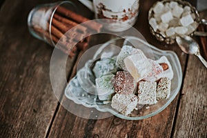 Turkish Delight - a gelatinous sweet confection traditionally made of syrup and cornflour, dusted with icing sugar. Still life