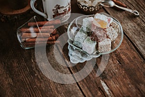 Turkish Delight - a gelatinous sweet confection traditionally made of syrup and cornflour, dusted with icing sugar. Still life