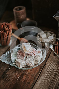 Turkish Delight - a gelatinous sweet confection traditionally made of syrup and cornflour, dusted with icing sugar. Still life