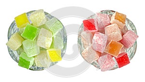 Turkish Delight in glass bowls isolated on white background.