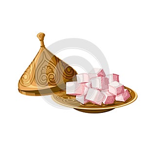 Turkish delight, locum, traditional sweets on decorated copper plate with cap isolated on white background.