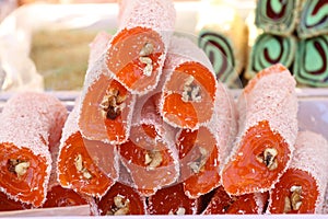 Turkish delight. Lokum. Sweet candies with nuts. turkish delight for dessert. Cezerye or lokum. Turkish candies and sweets, tasty