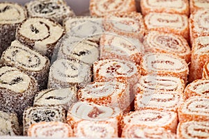 Turkish delight. Lokum. Sweet candies with nuts. turkish delight for dessert. Cezerye or lokum. Turkish candies and sweets, tasty