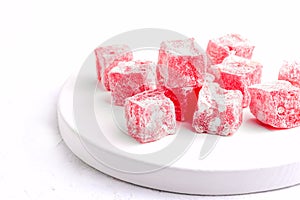 Turkish Delight Lokum Sweet Turkish delight lokum Traditional dessert White background Copy space