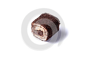 Turkish delight. Turkish delights cream-filled. chocolate lokum rolls covered chocolate chips. isolated on white. close