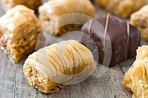 Turkish dessert baklava on wood photo