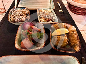 Turkish Fish Restaurant Appetizers Pickled Tunny Lakerda, Squash Blossoms and Yogurt Salads