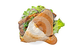 Turkish fish sandwich with grilled mackerel fillet Balik Ekmek. Isolated, white background.