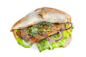 Turkish fish sandwich with grilled mackerel fillet Balik Ekmek. Isolated, white background.