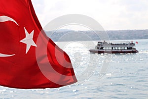 Turkish Flag in Bosphorus Istanbul, Turkey