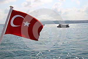 Turkish Flag in Bosphorus Istanbul, Turkey