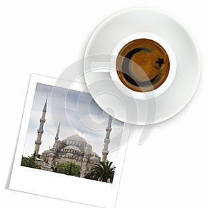 Turkish flag drawing on a cup of coffee and a photo of blue mosque