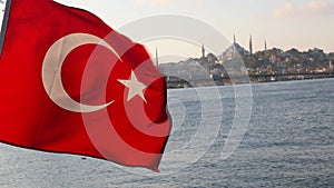 Turkish Flag. Flag of Turkey waving against the cityscape of Istanbul