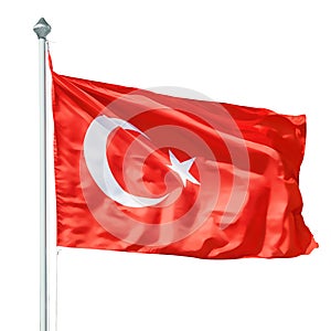 Turkish flag on flagpole isolated with clipping path