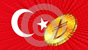 Turkish flag and golden coin with sign currency Turkish lira TRY. CBDC concept