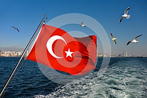 Turkish flag and seagulls sea landscape