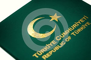 A Turkish Flag sign and Republic of Turkey text in a green Turkish Special Passport