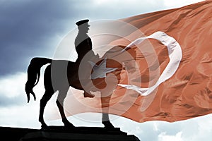 Turkish Flag with silhouette of Ataturk Monument. 29 ekim cumhuriyet bayrami