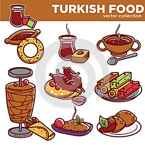 Turkish food cuisine dishes vector icons for traditional restaurant menu