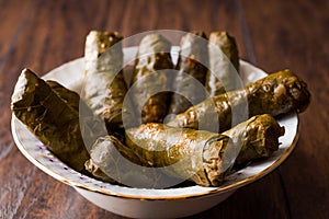 Turkish Food Dolma Stuffed Grape Leaves with Minced Meat, Rice and Tomato Paste / Sarma.