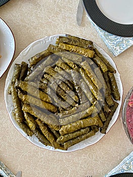 Turkish Food Dolma Stuffed Grape Leaves with Minced Meat, Rice and Tomato Paste Sarma
