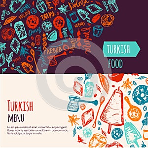 Turkish food hand drawn banner set with lettering and beverages with Kebab, Dolma, Shakshuka. Freehand vector doodles