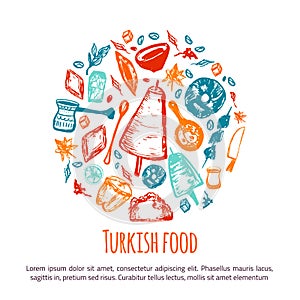 Turkish food hand drawn circle banner with lettering and beverages with Kebab, Dolma, Shakshuka. Freehand vector doodles