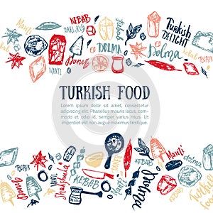 Turkish food hand drawn set with lettering and beverages with Kebab, Dolma, Shakshuka. Freehand vector doodles
