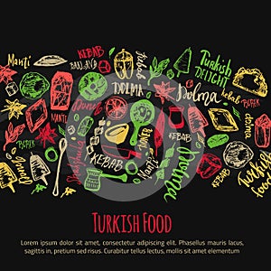 Turkish food hand drawn set with lettering and beverages with Kebab, Dolma, Shakshuka. Freehand vector doodles isolated