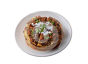 Turkish Food Kayseri Yaglama with Minced Meat, Yogurt and Tomato Paste