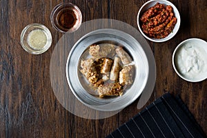 Turkish Food Minced Meat and Rice Stuffed Sheep Bowel Mumbar Dolma.